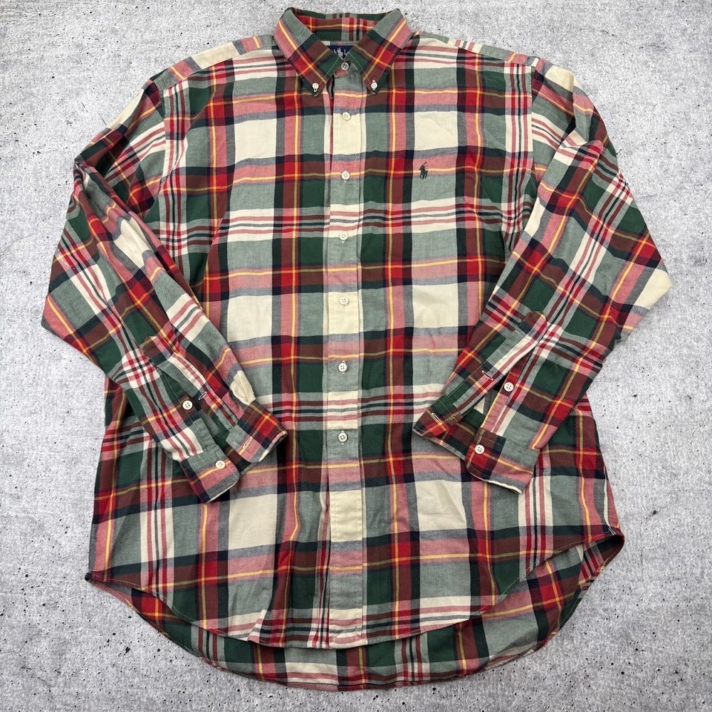 Vintage Polo Ralph Lauren Blaire Button Down Plaid Flannel Mens Large Red Green